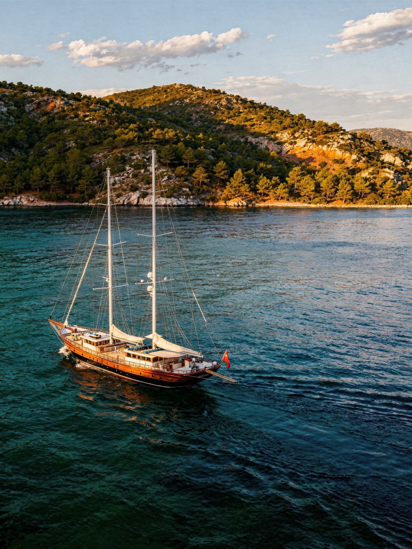 The Turquoise Coast at dusk, a gulet at anchor in a sheltered bay